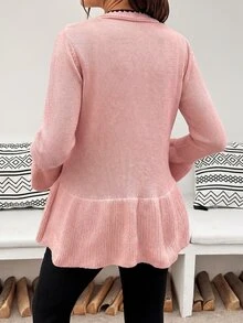 SHEIN 孕婦V領撞色飾邊蝴蝶結荷葉邊休閒長袖開襟衫，秋季女裝冬季穿搭 - 粉色 - 查看 10