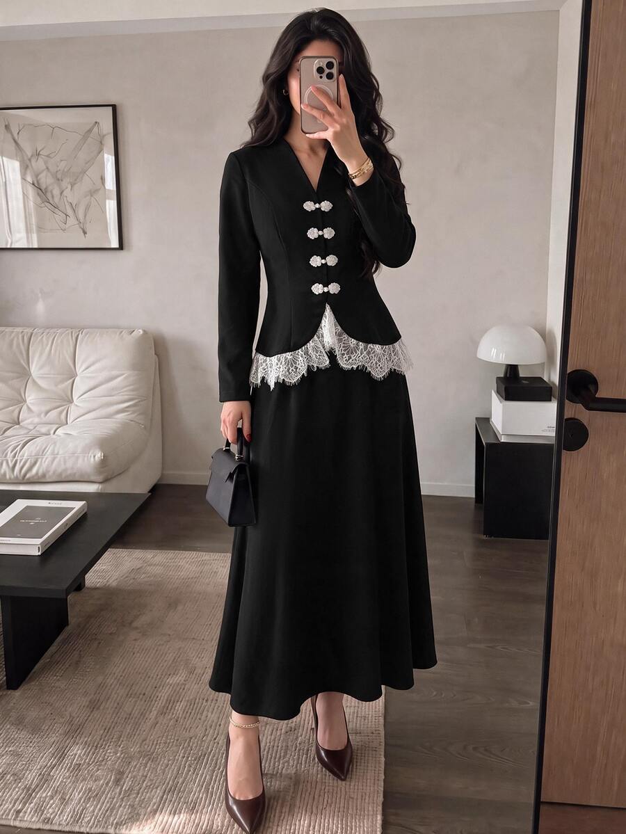 Modelyn Elegant Lace Patchwork New Chinese Style Handmade Frog Button Design Long Sleeve Top And Mermaid Skirt Set, Black Evening Gown, Spring/Autumn New Arrival - Black - View 1