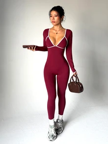 StreetHx Women's Colorblock Casual Daily Travel Sports Jumpsuit - Burgundy - View 1