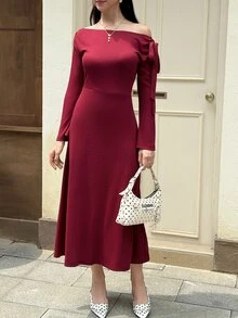 MainGRL Women's Red Knitted Off-Shoulder Long Casual Versatile Sweet And Spicy Sleeve Long Dress - Red - View 4