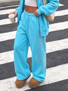Muchica 女款寬鬆水鑽口袋街頭風運動長褲 - 水鴨藍 - 查看 3