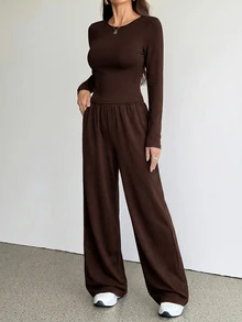 SHEIN Tall 女款秋季休閒長袖上衣與長褲兩件套 - 棕色 - 查看 7