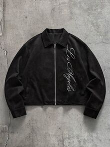 AXEPEAK 男士字母刺繡長袖拉鍊夾克 - 黑色 - 查看 1