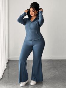 Elenzga Plus Size Women's Elastic Vertical Ribbed Knit Blue Hooded Zip-Up Top With Curved Hem And High-Waist Flared Pants, 2 Pieces Set Suitable For Birthday Party, Couple Date, Afternoon Tea, Photo Shoot, Light Evening Party - Blue - View 5