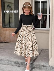 Emery Rose Kids Emery Rose Kids Tween女孩休閒優雅圓領長袖棕色灰調花卉拼接洋裝 - 黑色 - 查看 7