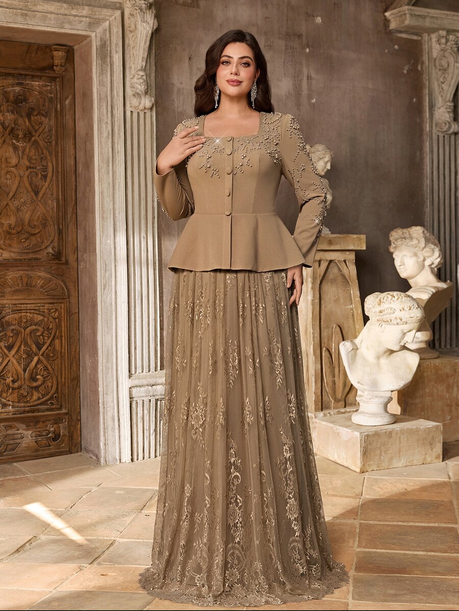 Serin Plus Size Elegant Romantic Khaki Square Neck Luxury Rhinestone & Pearl Embellished 2 In 1 Lace A-Line Dress, Suitable For Wedding, Party, Celebration, Heavy Work Bridal Mother Dress - Khaki - View 1