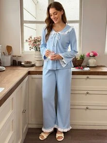 Snug Reverie Women's Sweet Cute Peter Collar Ruffle Bow Cardigan Loungewear Set, Spring/Autumn - Baby Blue - View 1