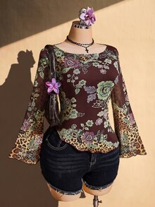 SHEIN ICON 大尺碼復古 Y2K 中式花卉印花喇叭袖不對稱下擺網眼針織上衣 秋季 - 酒紅色 - 查看 1