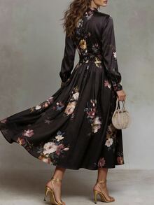 Solivie Women's Autumn Black Printed Chinese Style Dress - Black - View 10