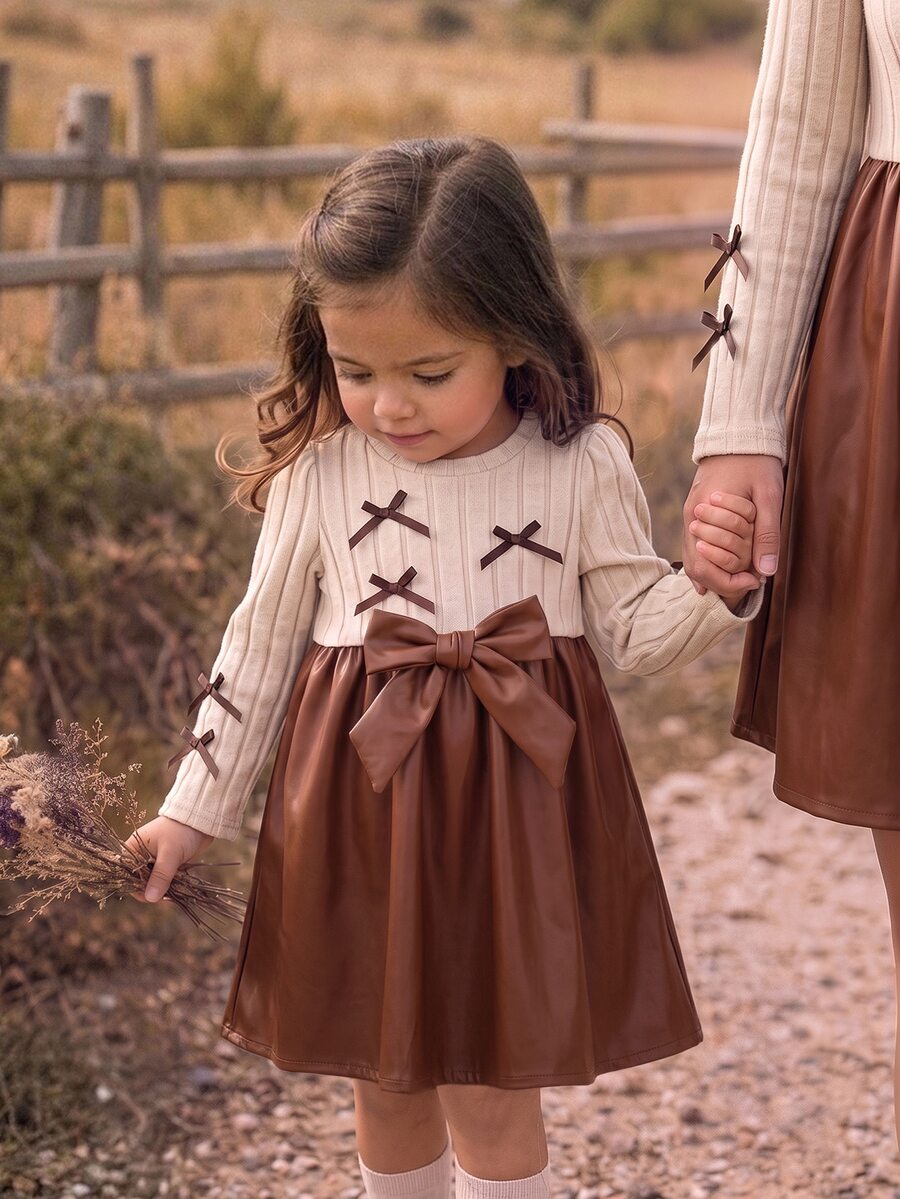 SHEIN Cute Knitted Bowknot Colorblock Long Sleeve Dress For Baby Girls - Khaki - View 1
