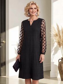Miaspire Middle-Aged Women's Notched V-Neck Textured Dress - Black - View 3