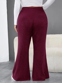 SHEIN CURVE+ 大尺碼女款黑色羅紋喇叭褲，秋冬季 - 酒紅色 - 查看 12