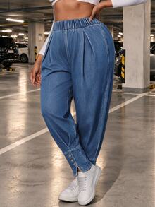 Slaydiva Plus Size Women Non-Stretch Denim Lantern Pants Cowboy Outfits For Women - Medium Wash - View 1