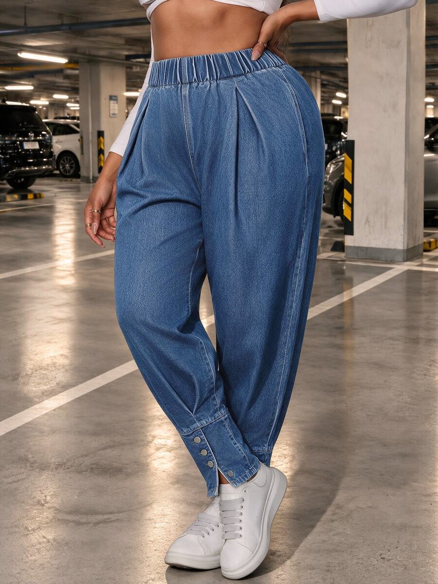 Slaydiva Plus Size Women Non-Stretch Denim Lantern Pants Cowboy Outfits For Women - Medium Wash - View 1