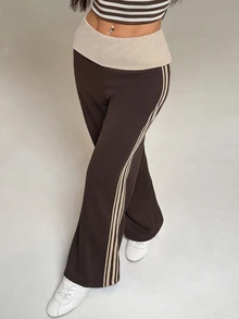 SHEIN PETITE Women's Minimalist Striped Color Block Casual Long Pants - Brown - View 4
