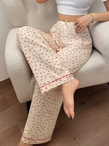 Napfluff Women's Cherry Print Long Pajama Pants, Bow Decor, All Season Wear, Comfortable Sleepwear - Apricot - View 5