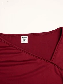 SHEIN 青少年女孩 春/秋季休閒優雅復古紅色針織不對稱抓褶蝴蝶結設計A字收腰長洋裝，適合聖誕節、新年、派對穿著，紅色洋裝 - 酒紅色 - 查看 5