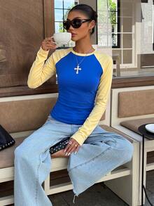Muchica Women's Brown And Blue And Raglan Long Sleeve T-Shirt Fitted Crew Neck Color Block Casual Y2K Going Out Everyday Streetwear Basic Autumn - Blue - View 6
