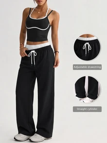 valorelle valorelle 2PCS Women's Fall Sports Set, Colorblock 2 In 1 Neckline Spaghetti Strap Halter Neck Sleeveless Top, Straight Leg Pants, Sporty Athleisure - Multicolor - View 4