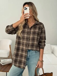 SHEIN LUNE Casual Cotton Retro Vintage 70s 80s Retro Women's Plaid Long Sleeve Shirt, Fall/ Everyday School Brown Blouse - Multicolor - View 5