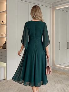 Medorina Women's V-Neck Rhinestone Decor Ruffle Hem Casual Party Dress - Dark Green - View 2
