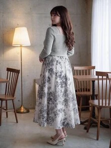 Bijouette Limited Edition Plus Size Colorblock Ink Wash Print Chiffon Dress, French Elegant Patchwork Design; Slim Fit Elastic Fabric Skirt, Sage Green Fall - Grey - View 2