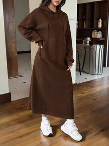 SHEIN EZwear Gray Casual Long Hooded Sweatshirt, Autumn/Winter,Long Sleeve Tops - Brown - View 3