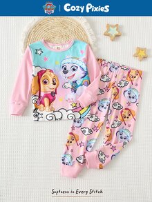 Cozy Pixies | PAW Patrol 2件組少女款 Paw Patrol 聯名粉色漸層狗狗印花圓領長袖睡衣上衣與內搭褲家居服套裝 - 粉色 - 查看 8