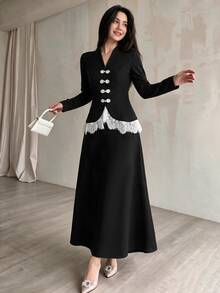 Modelyn Elegant Lace Patchwork New Chinese Style Handmade Frog Button Design Long Sleeve Top And Mermaid Skirt Set, Black Evening Gown, Spring/Autumn New Arrival - Black - View 4