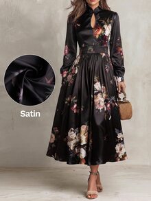 Solivie Women's Autumn Black Printed Chinese Style Dress - Black - View 6