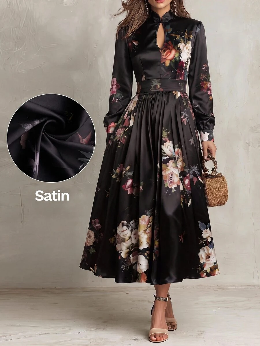 Solivie Gaun Wanita Motif Hitam Gaya Cina untuk Musim Gugur - Hitam - View 1