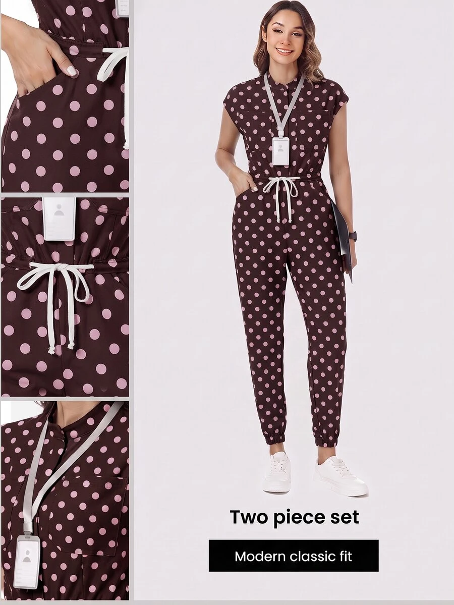 TaskEZ Polka Dot Print Scrub Jumpsuit, Women's Nurse Scrub Uniform, Surgical Scrub, Healthcare Professional Scrub Uniform, Matte Print Jumpsuit With Shoulder Sleeves, 4 Pockets And Waist Drawstring - Multicolor - View 1