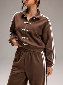 SHEIN BASICS Plus Size Frog Button Long Sleeve Jacket And Striped Pants With Pockets 2 Pieces Set - Brown - View 2