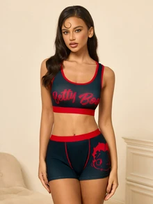 Betty Boop x SHEIN Women's Letter Print Casual Tank Top Lingerie Set - Black - View 3