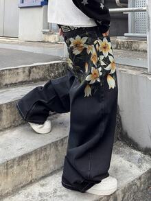 STEELVANCE 男士街頭風花卉印花鈕扣口袋寬鬆牛仔褲（不含腰帶與配件） - 黑色 - 查看 6
