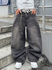 STEELVANCE Street Vintage Fashion Versatile Distressed Washed Cat Whisker Contrast Stud Design Loose Straight Leg Wide Leg Casual Denim Jeans (Belt And Accessories Not Included) - Black - View 7