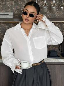 Dazy Plus Fun & Chic Commuter Office Wear Lace Patchwork Loose Long Sleeve Urban Casual White Shirt - White - View 6