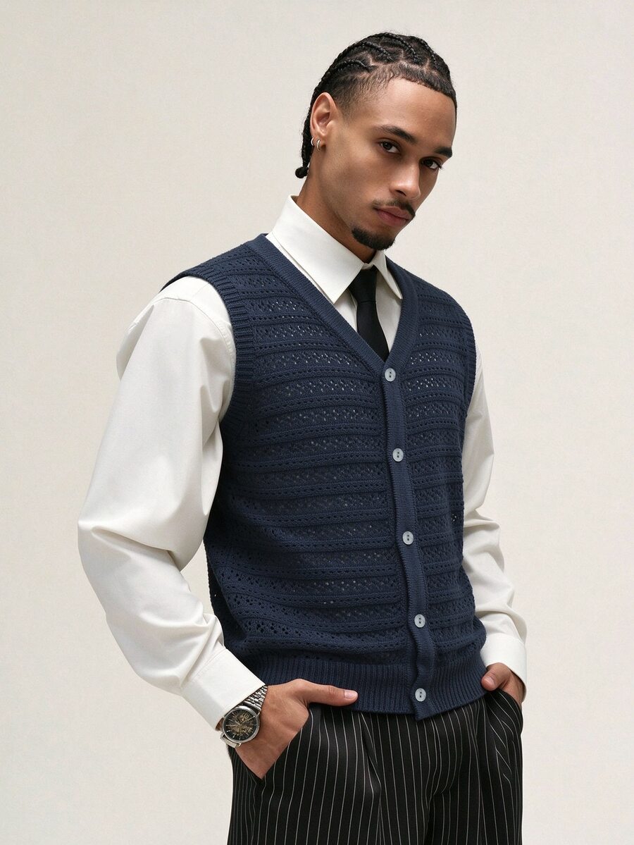 ÉpureWay Men's Single-Breasted Casual Everyday Knit Vest - Blue - View 1