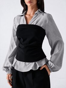LYSMO Colorblock Patchwork Plaid Cinched Waist Shirt - Black - View 5