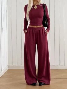 SHEIN EZwear 米色針織女款圓領長袖T恤與長褲套裝，居家旅行秋季休閒 - 酒紅色 - 查看 5