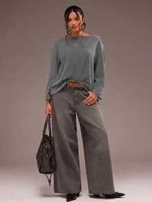 Freevana Blusa vintage de manga larga con cuello barco, lavado ácido negro, patchwork de encaje floral, espalda con capucha, talla grande, para otoño - Gris Oscuro - Ver 4