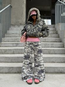 Coolane 女款秋冬街頭風 Y2K 休閒日常外穿派對低腰運動長褲 軍綠迷彩拼色粉色復古運動褲 - 彩色 - 查看 4