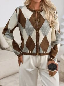 Pariaura Women's Spring Autumn Casual Preppy Vintage Colorblock Diamond Pattern Cardigan Fall Winter Cloth For Women Brunch Office Business White - Coffee Brown - View 5