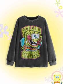 SpongeBob SquarePants | ROMWE Plus Size Women's Cartoon Pattern Casual Everyday Long Sleeve Sweatshirt - Dark Grey - View 1