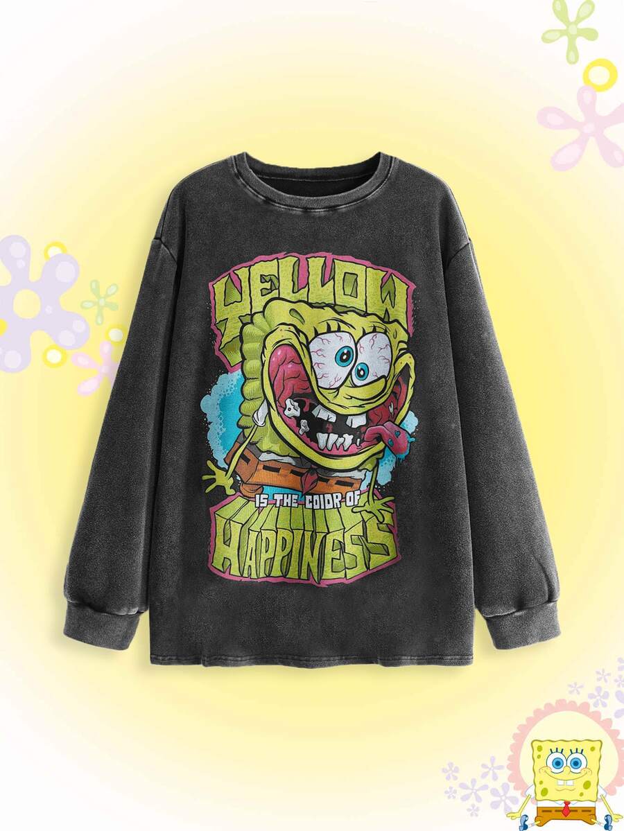 SpongeBob SquarePants | ROMWE Plus Size Women's Cartoon Pattern Casual Everyday Long Sleeve Sweatshirt - Dark Grey - View 1