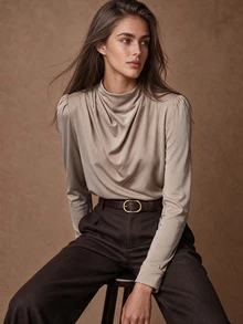 Zovinel Women's Solid Color Pleated Casual Versatile Daily Wear Top - Champagne - View 6