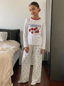 Hapijoa 對比色圓領圖案印花休閒女款家居服 T-shirt 套裝 (大號) - 黑與白 - 查看 3