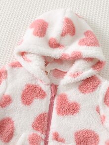 Cozy Pixies جاكيت بغطاء رأس سميك من قماش مخملي بنقشة قلب لطيفة، كاجوال ومريح ومتعدد الاستخدامات للبنات الرضع - متعدد الألوان - مشاهدة 3