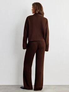 Muchica Ribbed Knit Shirt Collar Cardigan & Wide Leg Pants Co-Ord Set Dark Brown AW25 - Brown - View 5