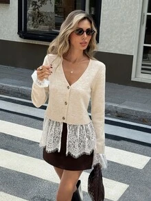 SHEIN Frenchy Women's Soft Knit V-Neck Cardigan Sweater With Lace Trim Cuffs, Fitted Button-Front Cropped Top Chic Basic Christmas Back To School Festival - Apricot - View 4